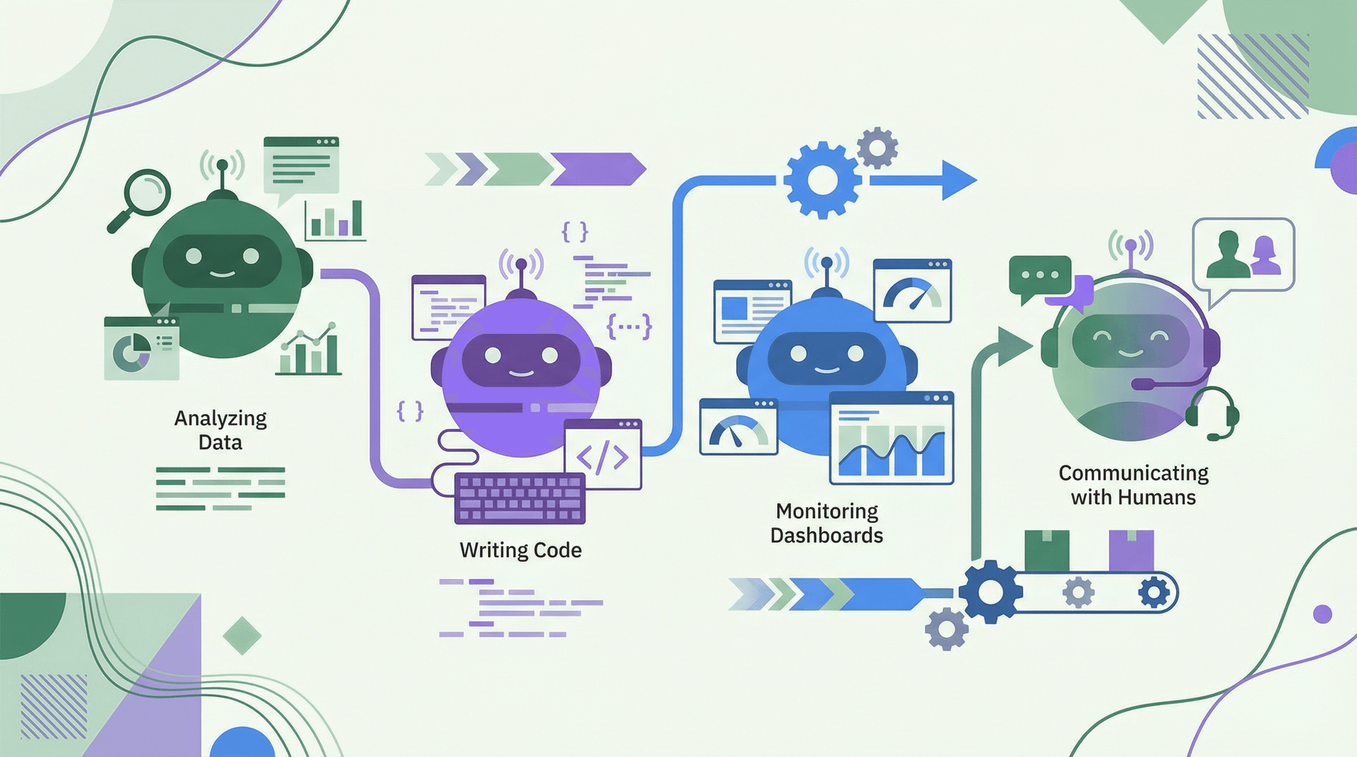 AI agents analyzing data, writing code, monitoring dashboards, and communicating