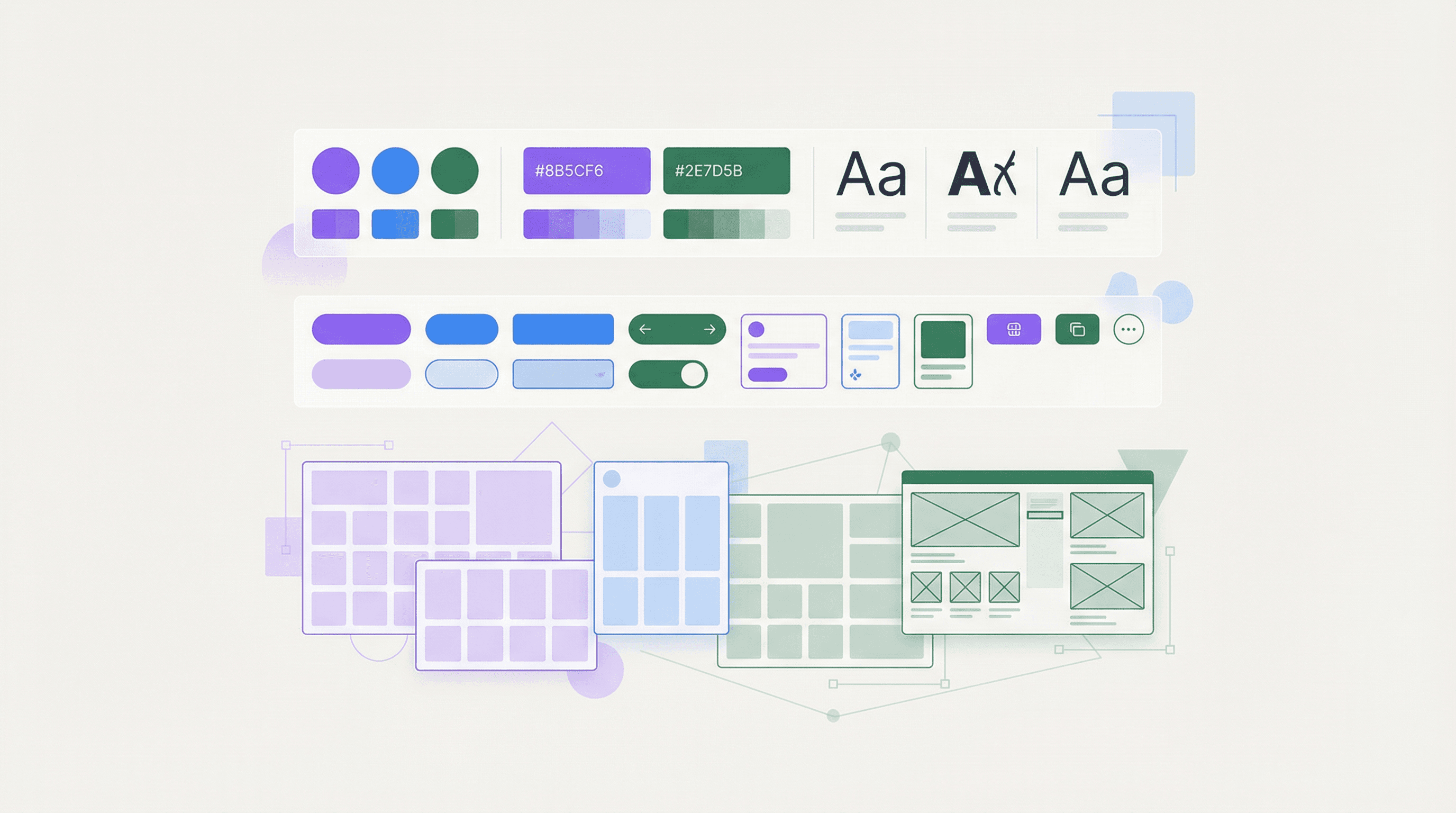 Modular UI components, color swatches, and typography in a design system