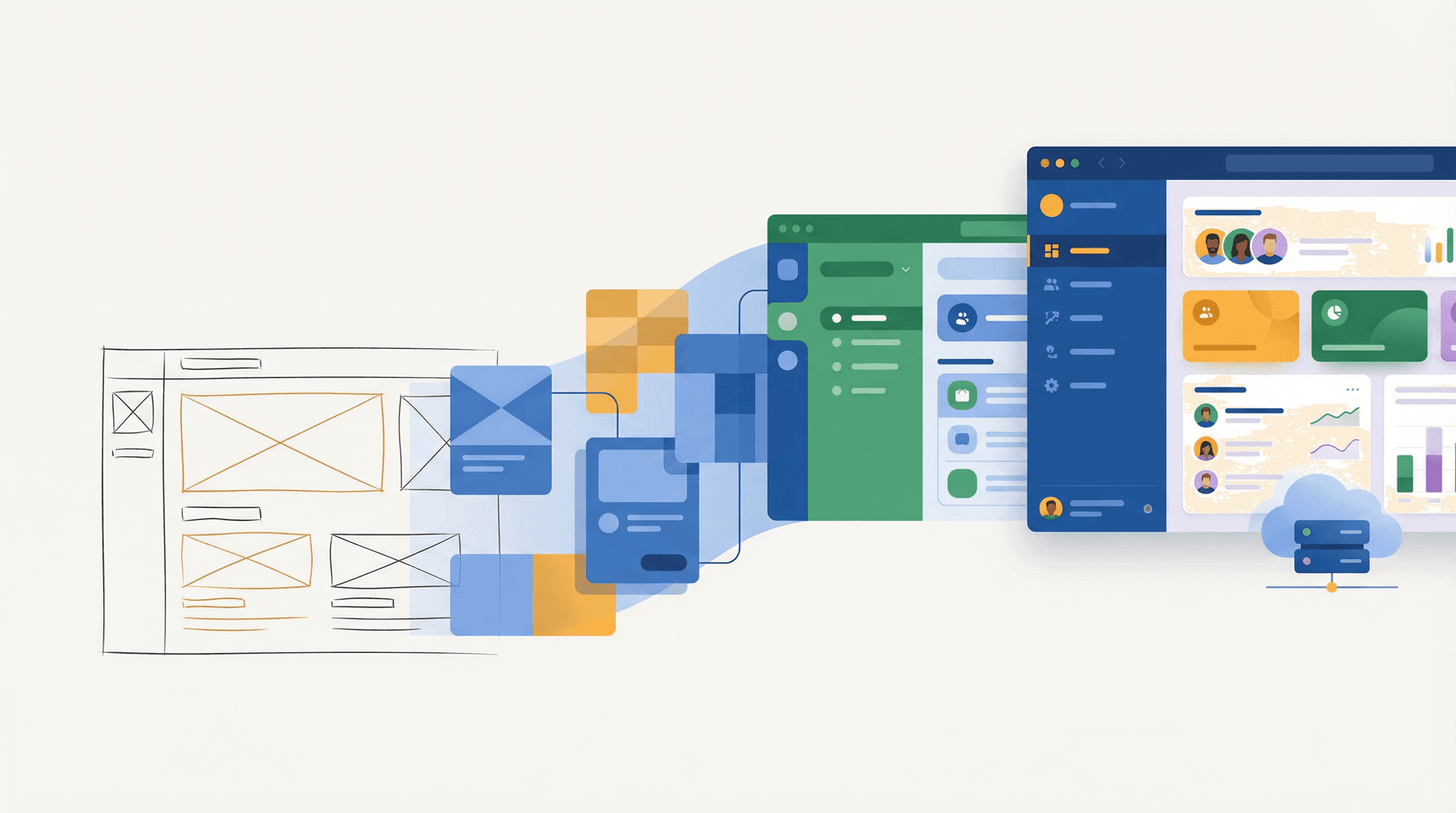 Progression from wireframe sketch through stages to polished application