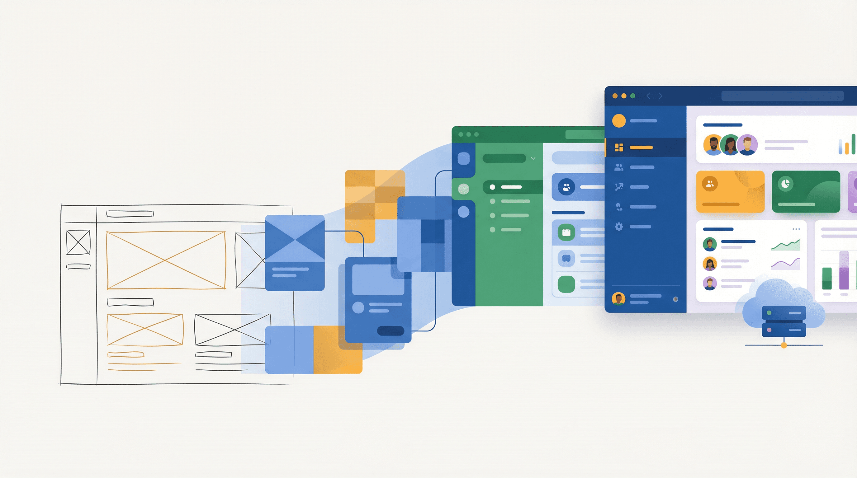 Progression from wireframe sketch through stages to polished application