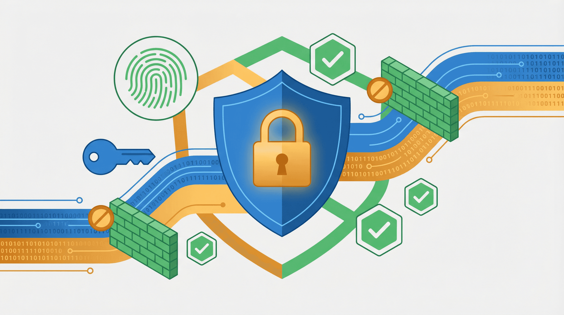Security shield with lock, fingerprint, firewall, and encrypted data