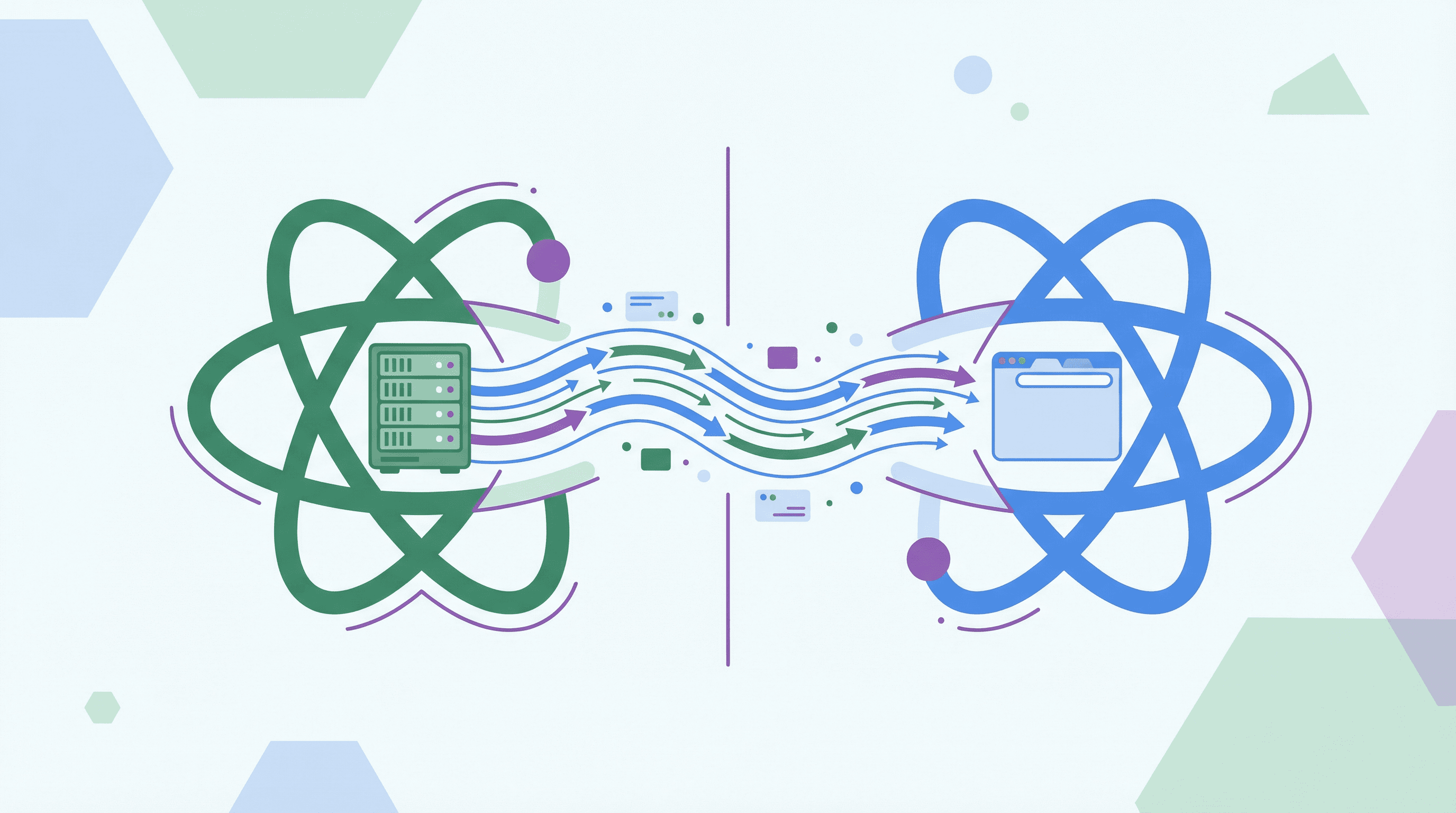 React atom split into server and client halves with data flowing between